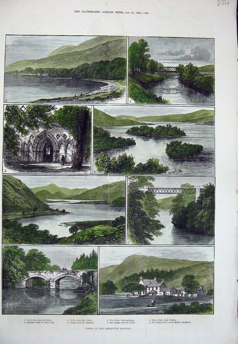 Original Old Antique Print 1882 Hand Coloured Aberfoyle Railway Forth Katerine