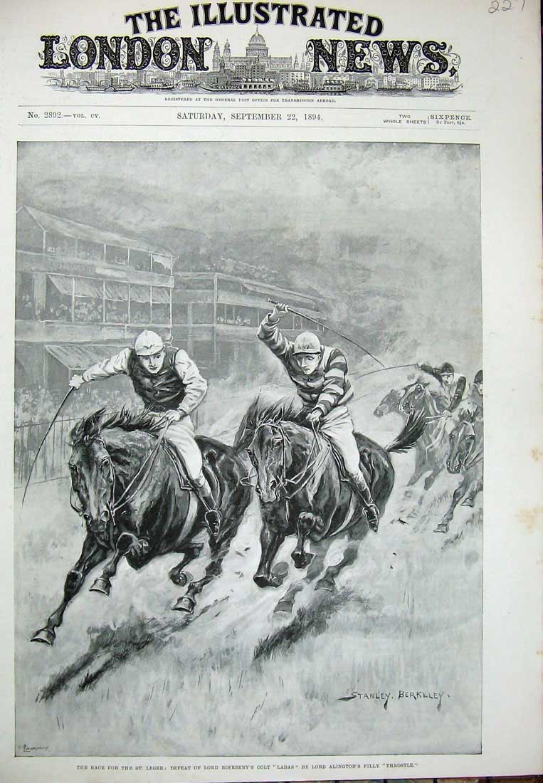 Original Old Antique Print 1894 St Leger Race Sport Horses Lord Roseberry Ladas