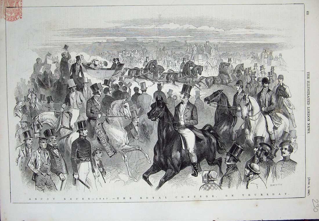 Original Old Antique Print 1847 Ascot Races Royal Cortege Horses Sport 19th