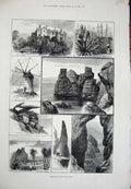Old Antique Print 1883 Scilly Isles Tusk Rock Church Pulpit Tresco Abbey 19th