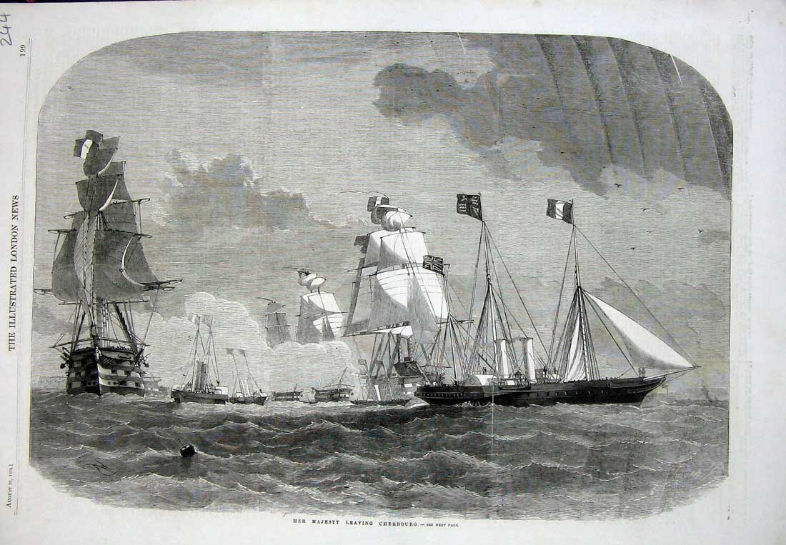 Original Old Antique Print 1858 Majesty Queen Cherbourg Ships Flags War Sea