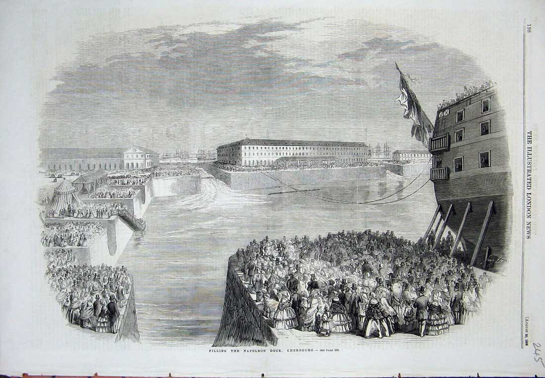 Original Old Antique Print 1858 Filling Napoleon Dock Southampton England Ships