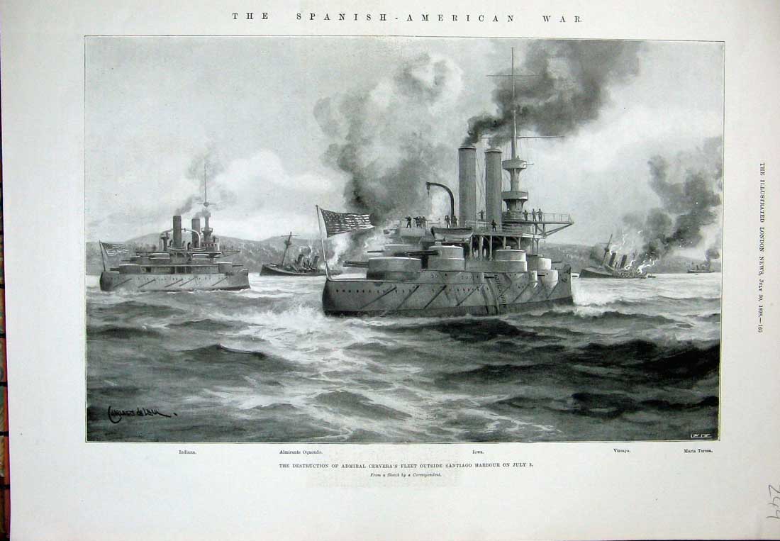Old Antique Print 1898 Admiral Cervera Ships Fleet Santiago Harbour War 19th