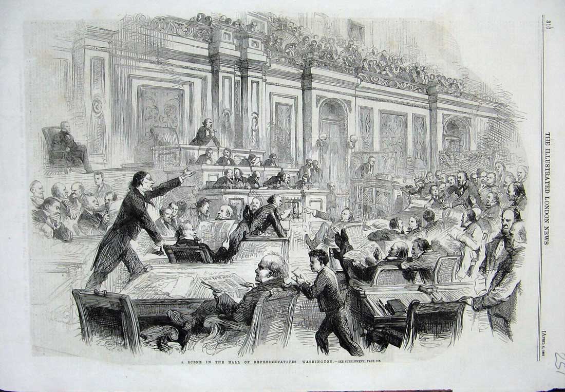 Old Antique Print 1861 Scene Hall Representatives Washington Men Meeting 19th