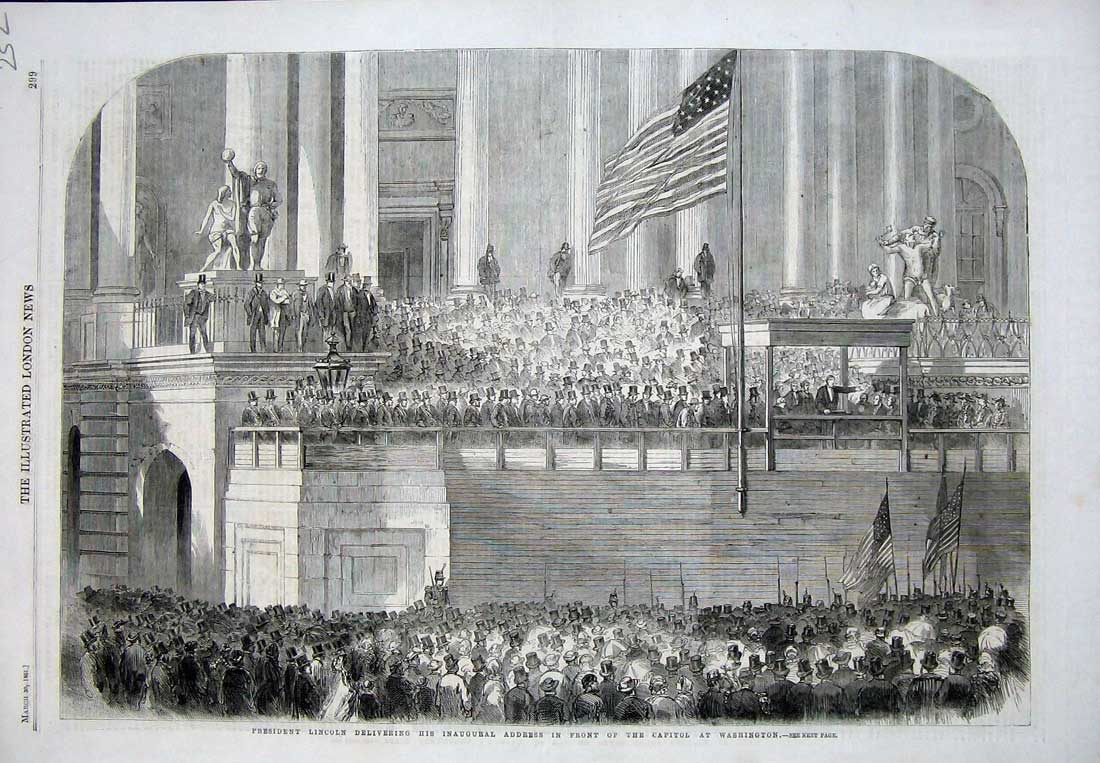 Old Antique Print President Lincoln Address Capitol Wasington America1861 19th