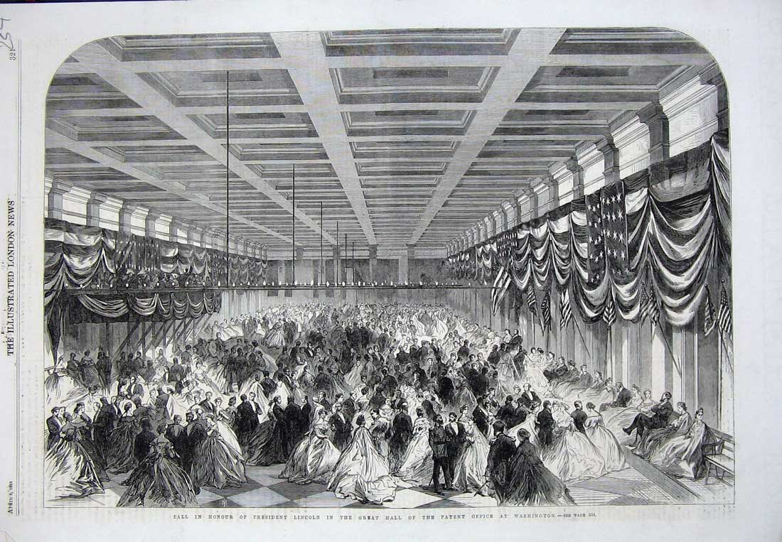 Original Old Antique Print 1865 Ball President Lincoln Hall Office Washington