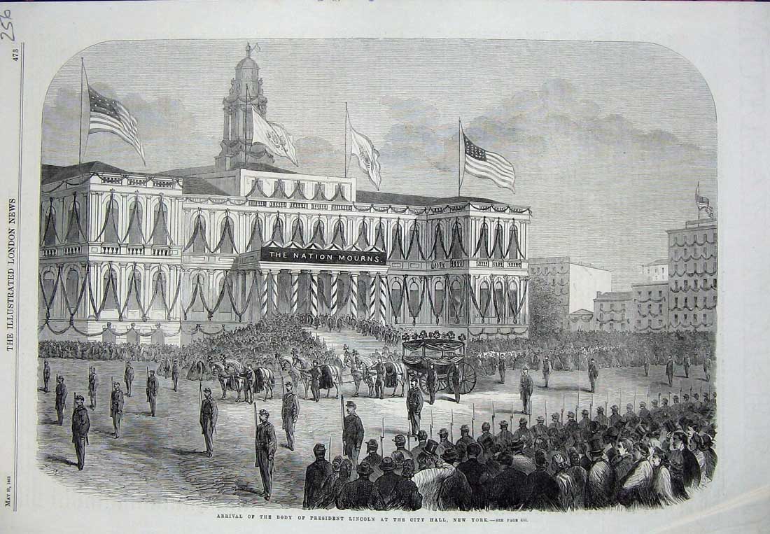 Old Antique Print 1865 Arrival Body President Lincoln City Hall New York 19th