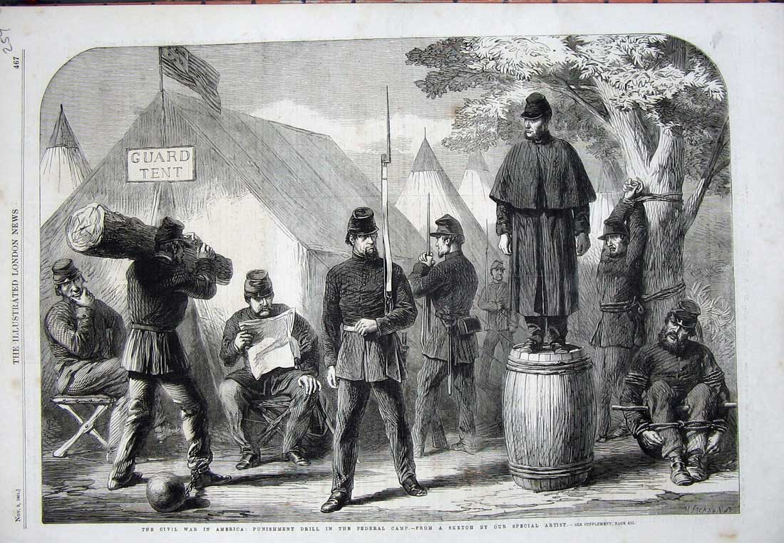 Original Old Antique Print 1861 Civil War America Punishment Drill Federal Camp