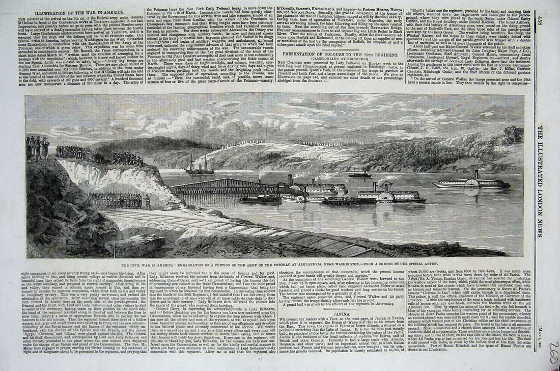 Original Old Antique Print 1862 Civil War America Potomac Alexandria Washington
