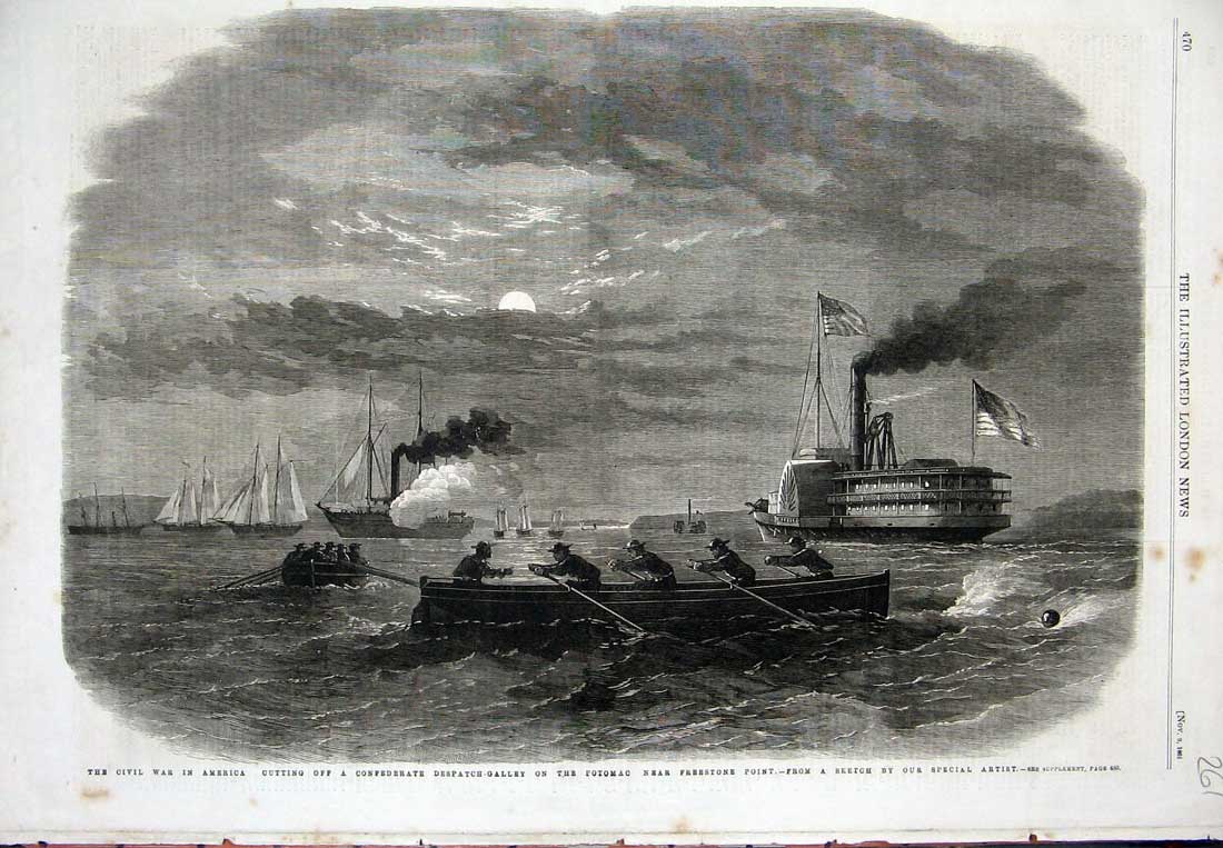 Old Antique Print Civil War America 1861 Potomac Freestone Ships Galley 19th