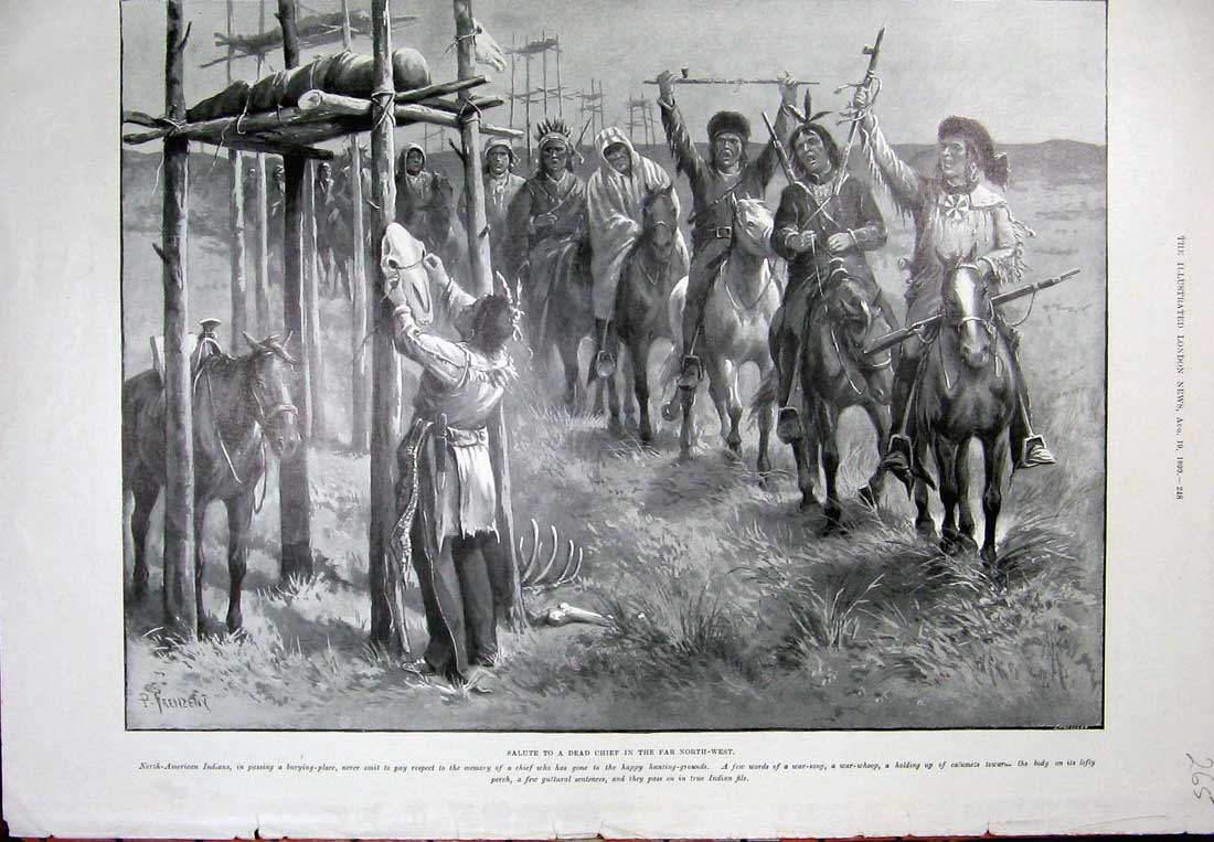 Original Old Antique Print 1899 Salute Dead Chief North American Indians Horses