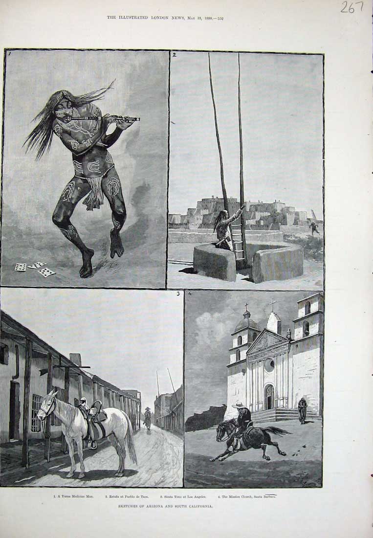 Original Old Antique Print Arizona South California 1888 Medicine Church Pueblo