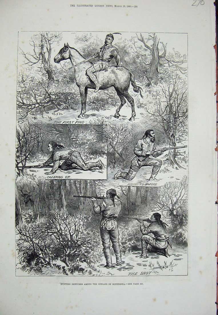 Old Antique Print 1880 Hunting Sketches Indians Minnesota Shooting Sport 19th