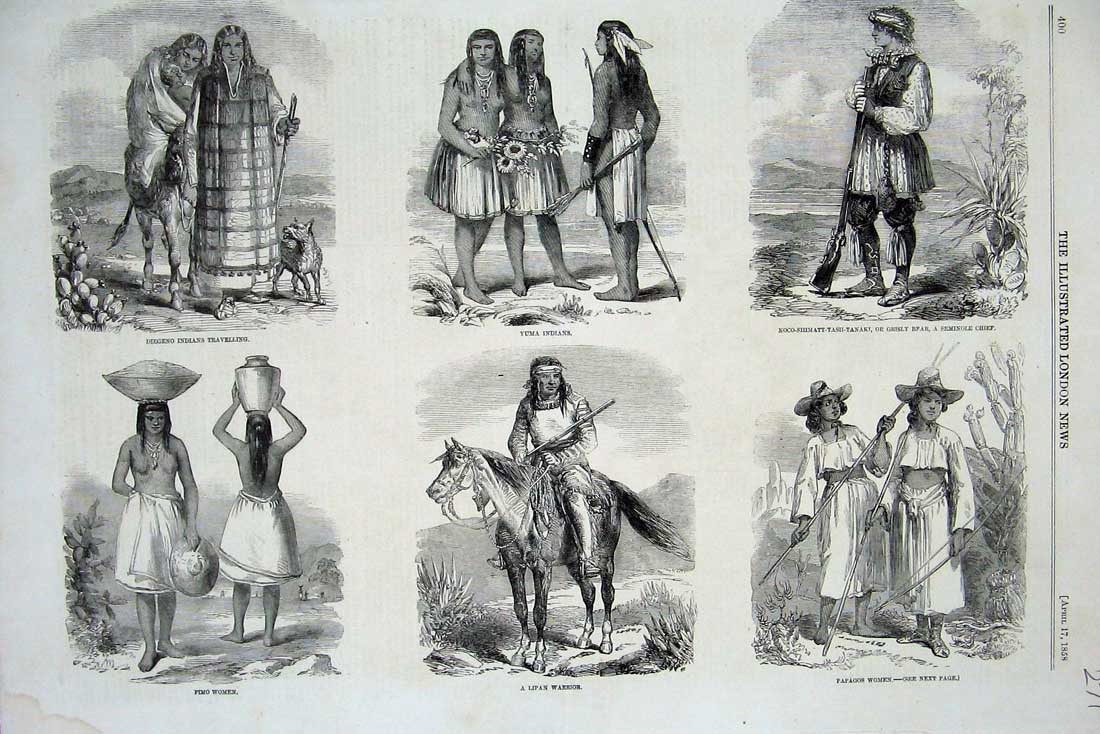 Old Antique Print 1858 Indians Pimo Lipan Papagos Yuma Diegeno Seminole 19th