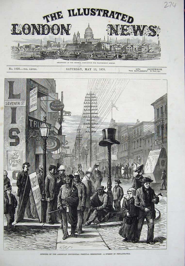 Old Antique Print 1876 American Festival Exhibition Philadelphia Street 19th