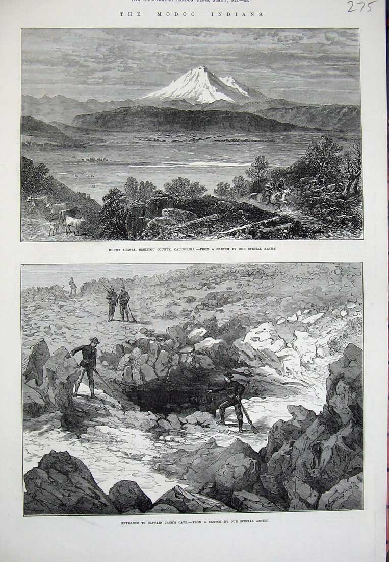 Old Antique Print 1873 Modoc Indians Mount Shasta California Captain Jack 19th