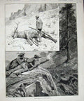 Original Old Antique Print 1886 Wapiti Hunting North America Shooting Men Gun