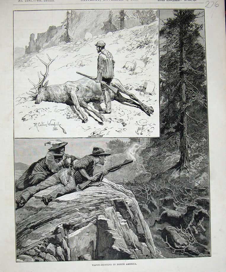 Original Old Antique Print 1886 Wapiti Hunting North America Shooting Men Gun