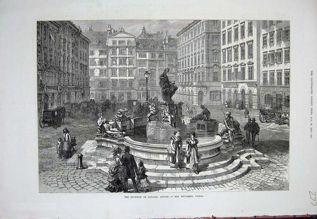 Original Old Antique Print 1873 Fountain Raphael Donner Neumarkt Vienna People