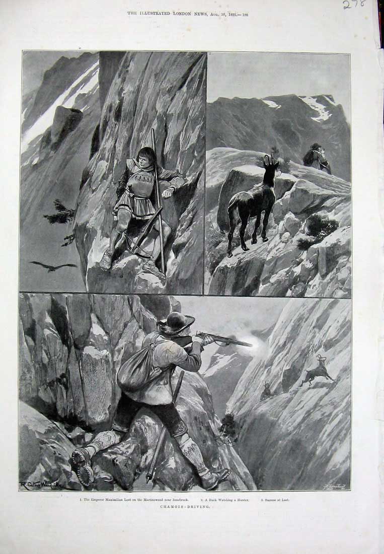 Old Antique Print Chamois Hunting Emperor Maximilian Innsbruck Buck 1895 19th