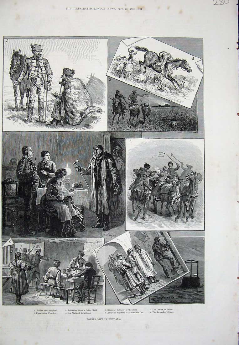 Original Old Antique Print 1883 Robber Life Hungary Shepherd Prison Highway