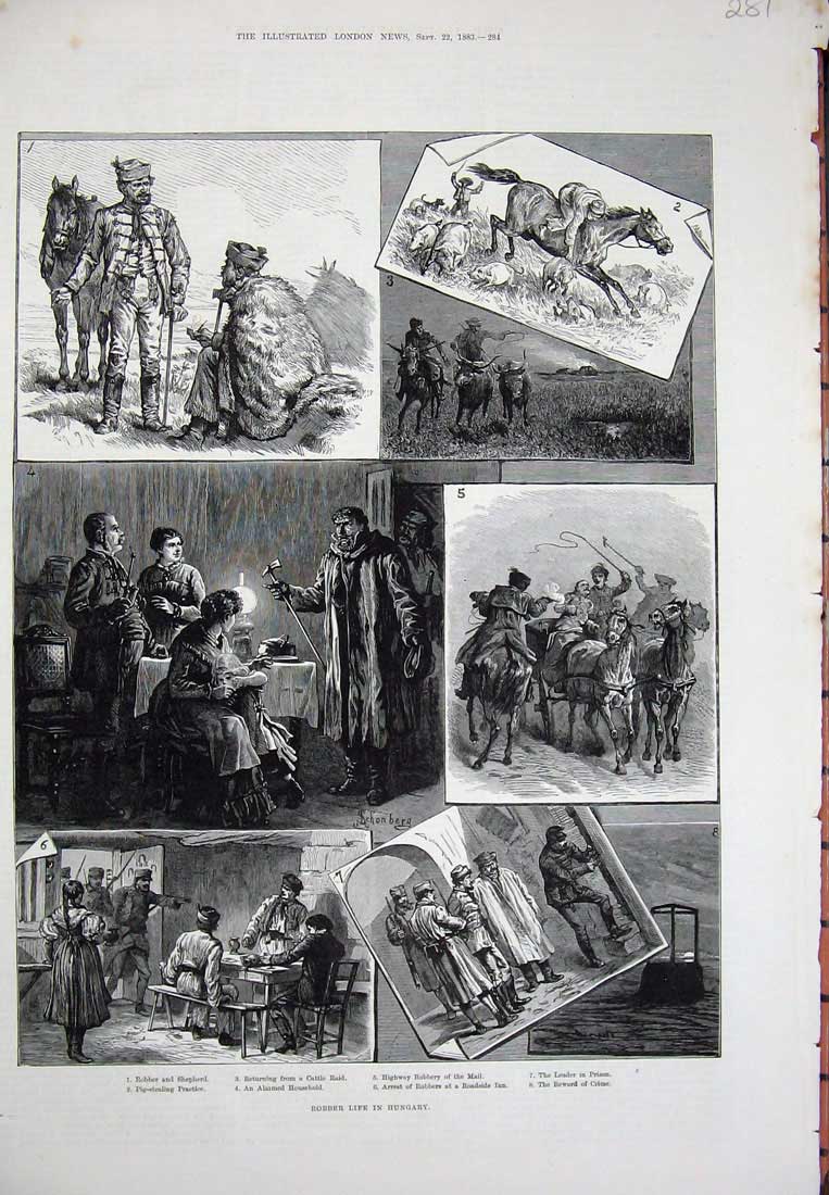 Antique Old Print Ref.982 1883 Robber Life Hungary Shepherd Prison Highway