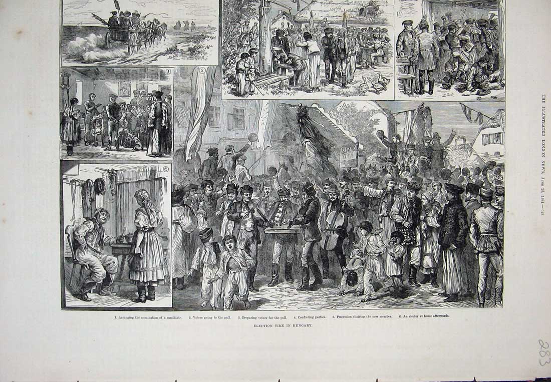 Original Old Antique Print Election Hungary Voters Poll Candidate Elector 1884