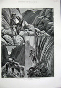 Original Old Antique Print 1895 Chamois Stalking Hunting Quarry Gorge Mountains
