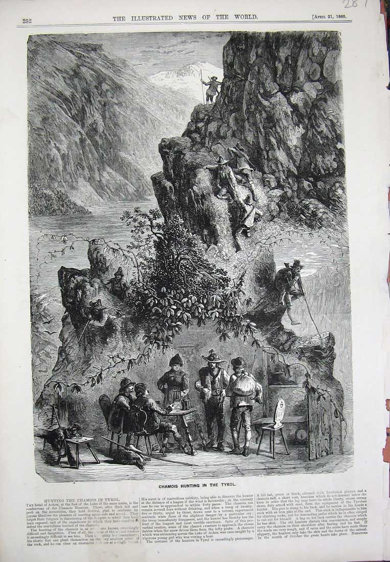 Old Antique Print Chamois Hunting Tyrol Mountains Men Shooting Art 1860 19th