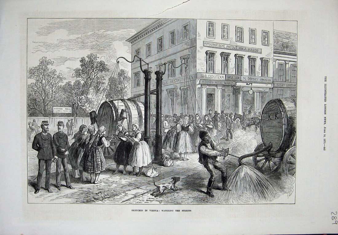 Old Antique Print 1873 Vienna Watering Streets Buildings People Dog Water 19th