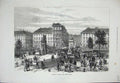 Original Old Antique Print Vienna 1873 Aspern Bridge Horses Coach People Houses