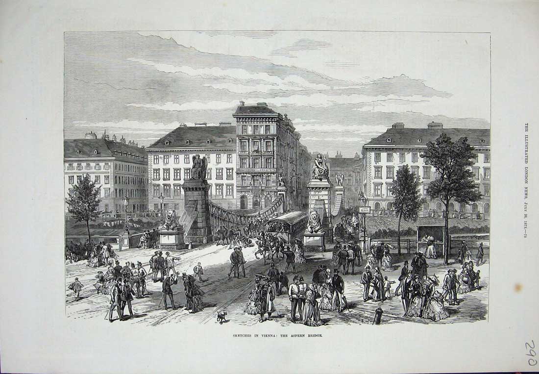 Original Old Antique Print Vienna 1873 Aspern Bridge Horses Coach People Houses