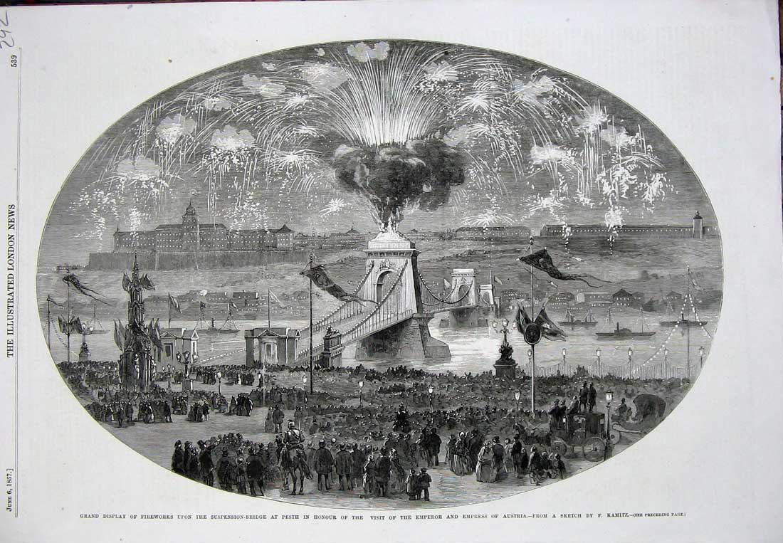 Old Antique Print 1857 Display Fireworks Suspension Bridge Pesth Austria 19th