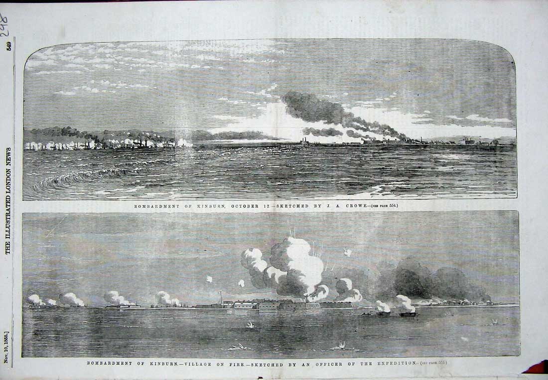 Old Antique Print 1855 Bombardment Kinburn Village Fire War Battle Ships 19th
