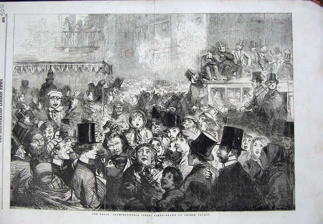 Old Antique Print 1856 Peace Illuminations Street Scene People Carriage 19th
