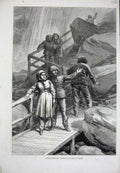 Old Antique Print 1875 America Visitors River Falls Niagara Bridge Rocks 19th