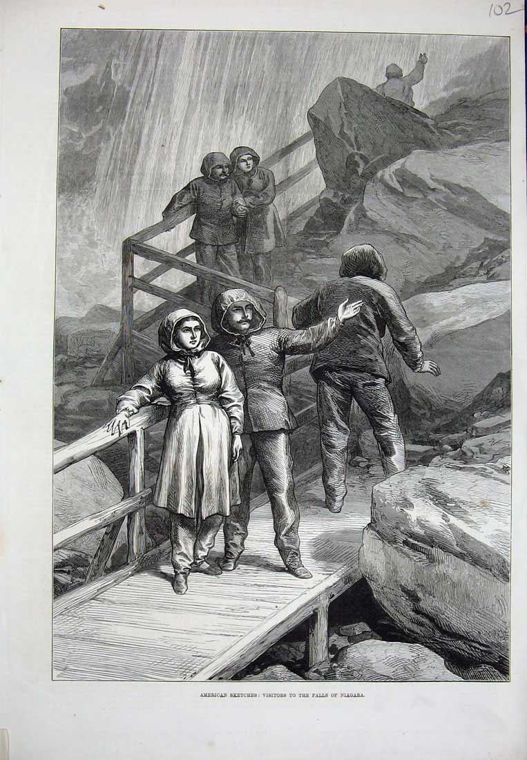 Old Antique Print 1875 America Visitors River Falls Niagara Bridge Rocks 19th
