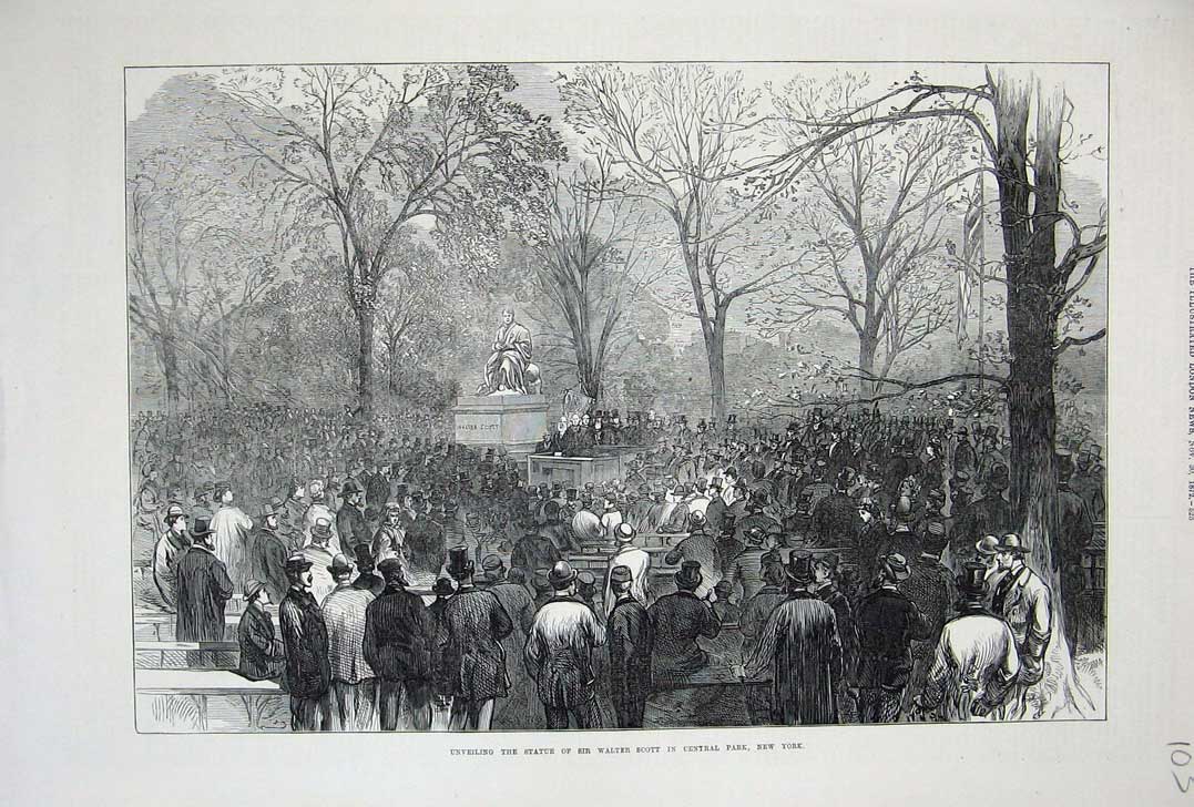 Old Antique Print 1872 Statue Walter Scott Central Park New York America 19th