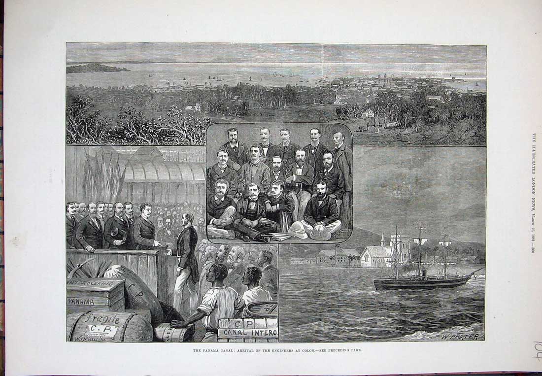Original Old Antique Print Panama Canal 1881 Engineers Colon Ship Boat Men Art