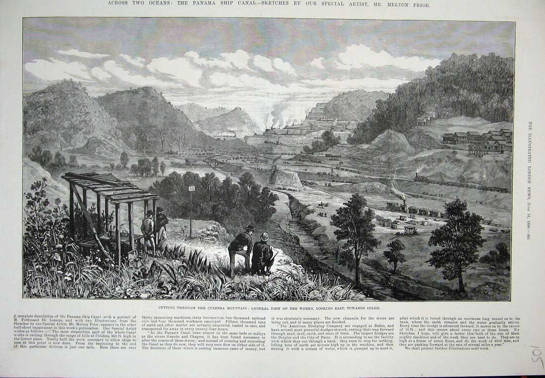 Old Antique Print 1888 Works Cutting Culebra Mountain Colon Train Trees 19th