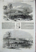 Original Old Antique Print 1851 Havannah Harbour Puerte Del Principe Cuba Boats