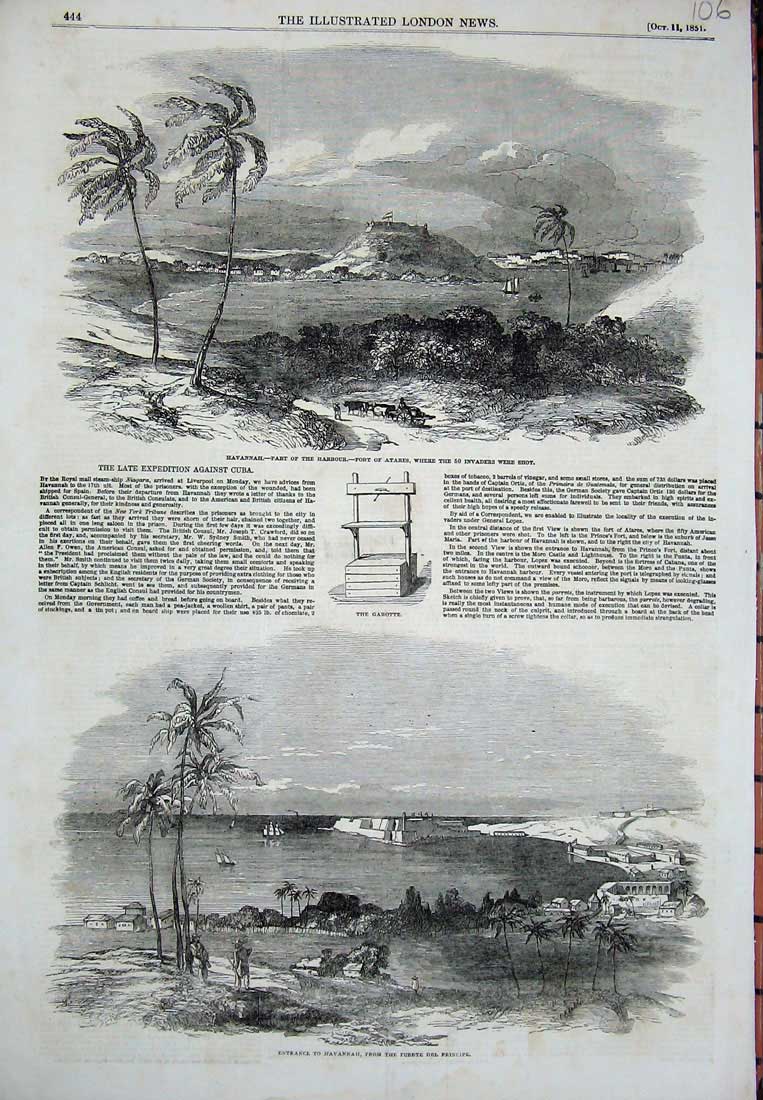 Original Old Antique Print 1851 Havannah Harbour Puerte Del Principe Cuba Boats