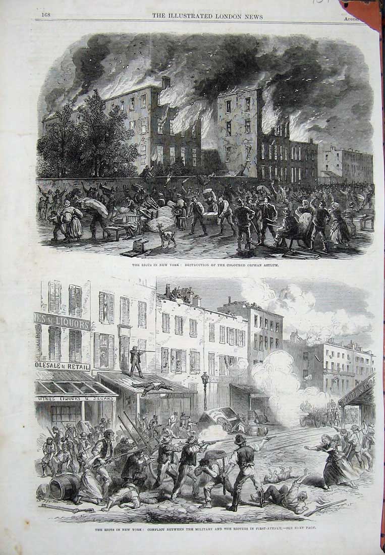 Old Antique Print 1863 Riots New York America Orphan Asylum Military Men 19th
