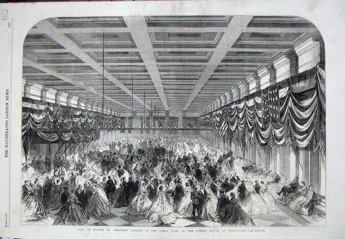 Old Antique Print *984 1865 Ball President Lincoln Hall Office Washington