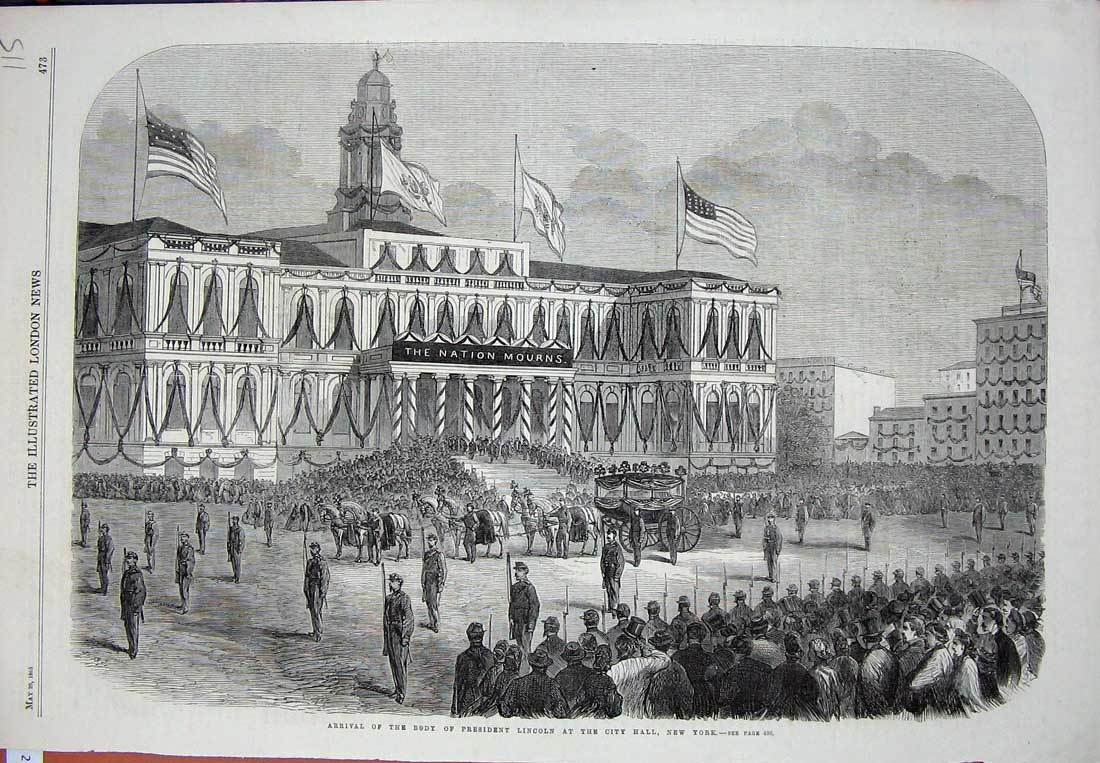 Old Antique Print 1865 Body President Lincoln City Hall New York America 19th