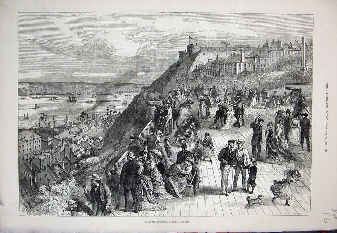 Old Antique Print 1878 Durham Terrace Quebec Canada People Ships Houses 19th