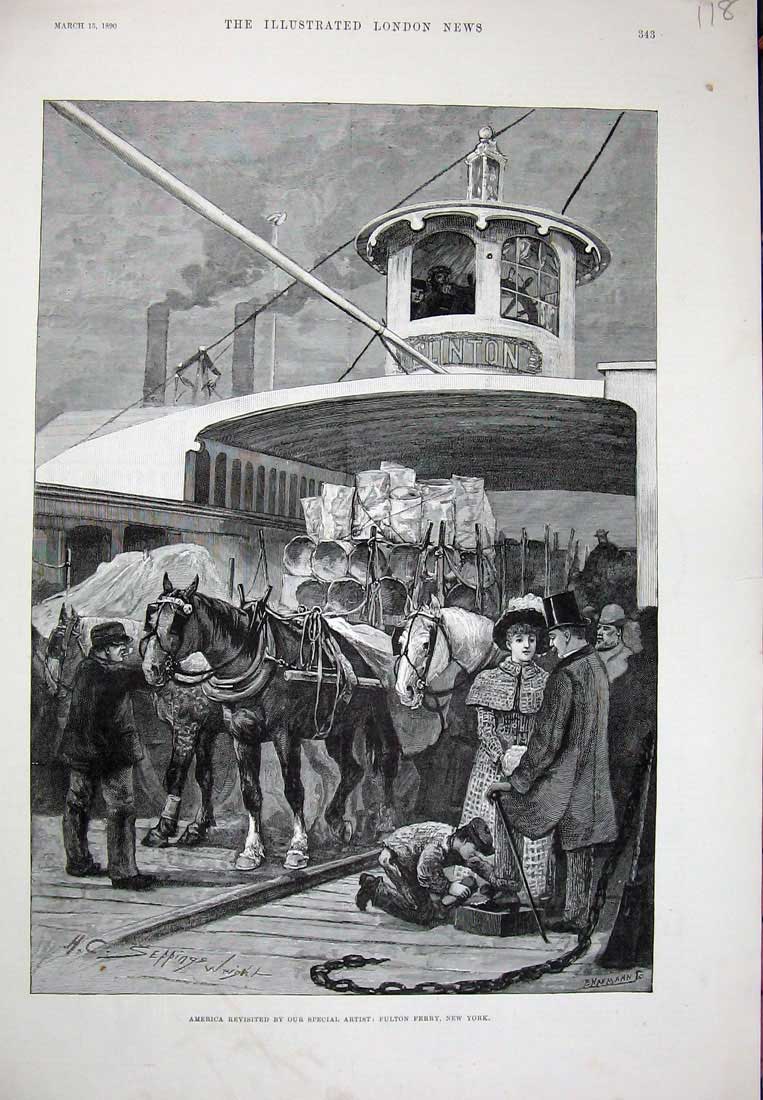 Original Old Antique Print 1890 America Fulton Ferry New York Transport Horses