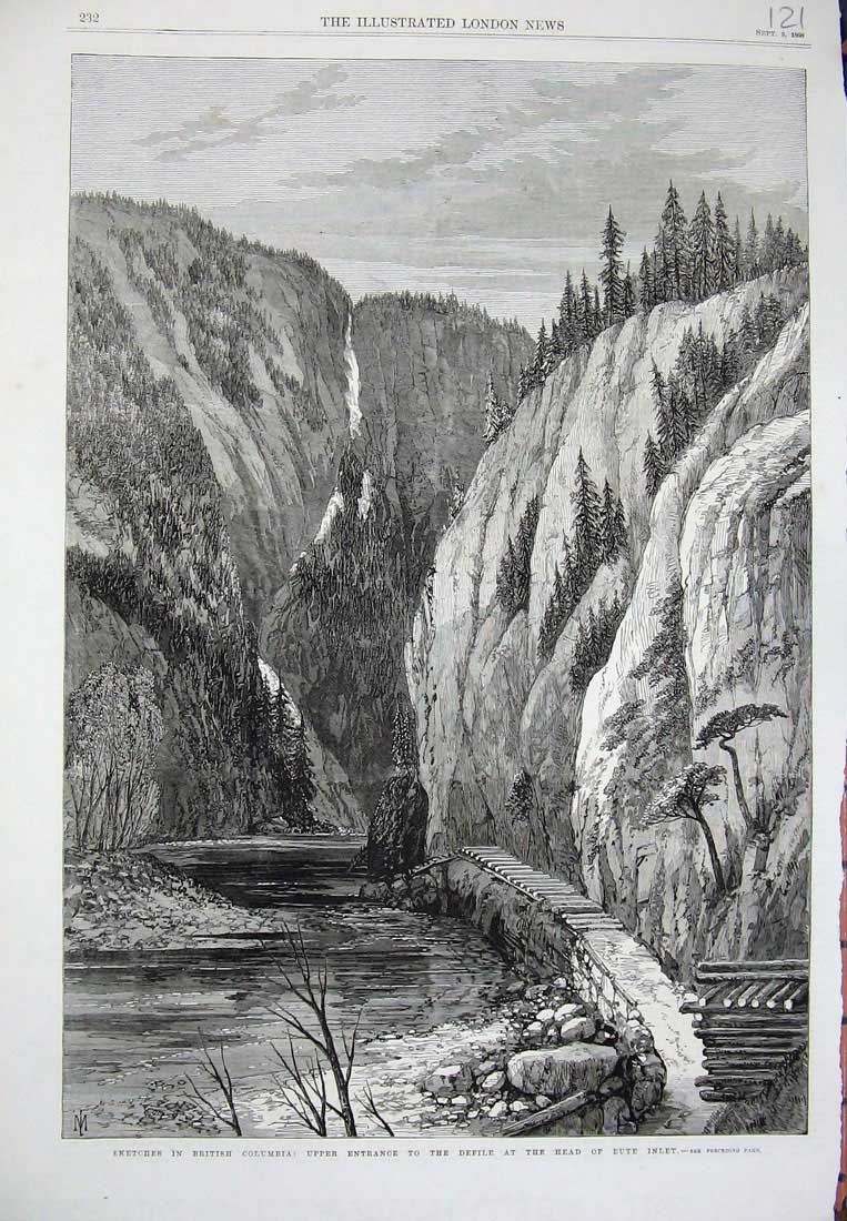 Old Antique Print 1868 British Columbia Defile Bute Inlet River Mountains 19th