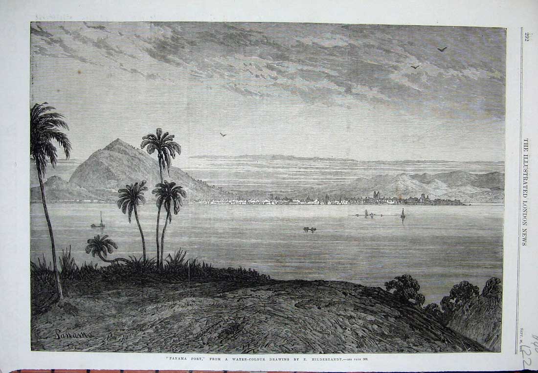 Original Old Antique Print Panama Port 1868 Mountains Trees Houses Fine Art