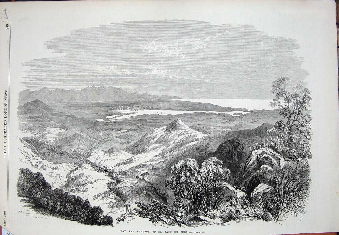 Old Antique Print 1868 View Bay Harbour St Jago De Cuba Mountains Trees 19th